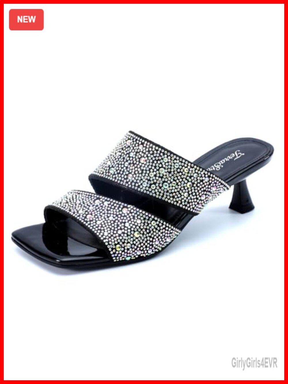 Rhinestone Kitten Heel Sandals Square Open Toe Double Strap Slide Party